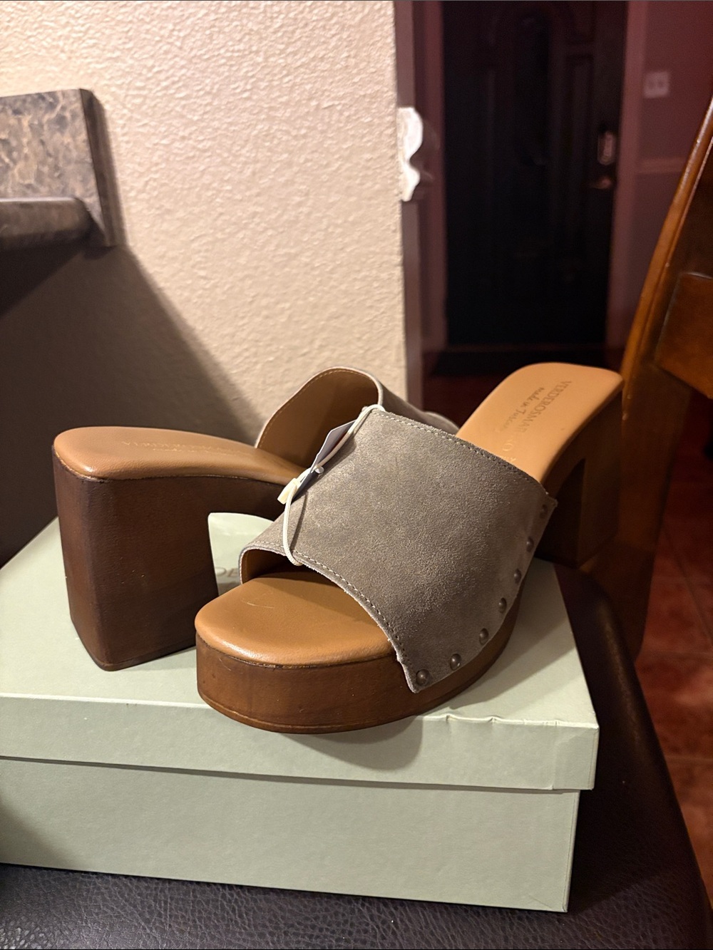 Suede Platform Slide Sandals in Taupe